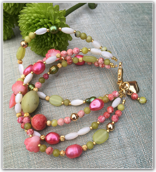 1603-Bracelet-4Strand-CoralOlive